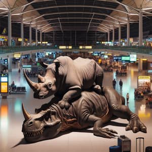 Rhino on T-Rex: A Surreal Airport Scene