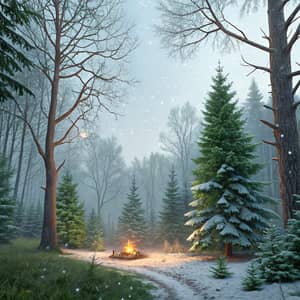 Whimsical Forest Scene with Fire Pit and Snow