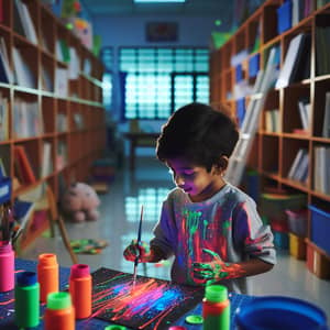 Enthusiastic South Asian Boy Creating Fluorescent Paint Art