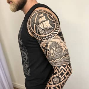 Stunning Viking Tattoo Sleeve in Black and Gray