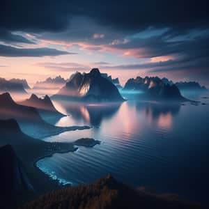 Serene Sunrise Landscape: Majestic Sea and Tall Mountains