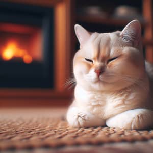 Relaxing Creamy White Cat on Warm Rug