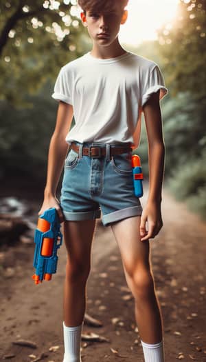 Confident Teenage Boy in White T-shirt and Denim Shorts | Youthful Strength