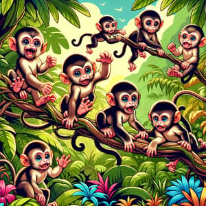 Playful Infant Monkeys in Vibrant Forest Scene