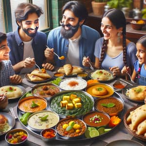 Joyful Indian Family Enjoying Vegetarian Thali Meals