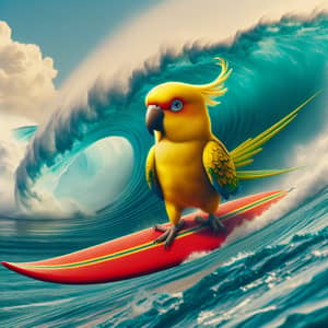 Yellow Parakeet Surfing on Red Surfboard Against Giant Wave