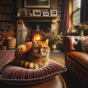 Cozy Living Room Scene with Ginger Cat on Velvet Cushion