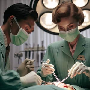 1960's Female Doctor in Intense Surgical Operation