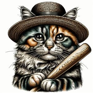 Whimsical Feline with Fashionable Hat and Wooden Bat