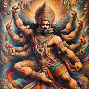 Veerbhadra - Powerful Deity in Vibrant Antique Indian Painting