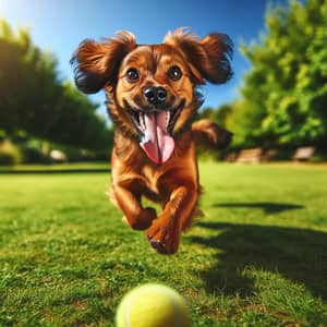 Playful Pup Chasing Yellow Tennis Ball in Lush Green Park