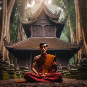 Tranquil East Asian Monk Meditating at Ancient Temple