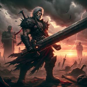 Grim Dark Fantasy World: Sunset Warrior with Ultra-Heavy Sword