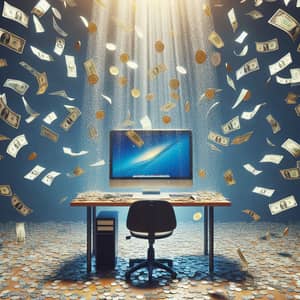 Unique Image: Currency Rain on Computer Desk