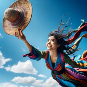 Joyful South Asian Girl Soaring in Vibrant Dress | Dramatic Sky Scene