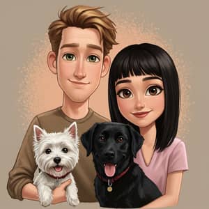 Pixar-Style Couple Portrait with Dogs