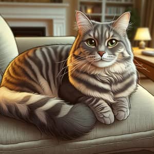 Charming Grey House Cat Illustration on Cozy Couch