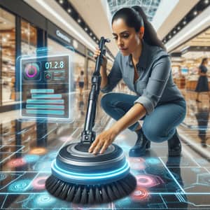 Hispanic Woman Operating Automatic Floor Scrubber in Busy Mall Aisle