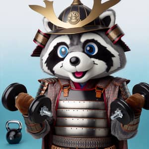 Raccoon Mascot in Shogun Armor Exercising with Dumbbells