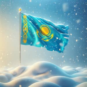 Flag of Kazakhstan Flutters in Snowy Winter Scene