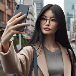 Asian Girl Taking a Selfie on City Street