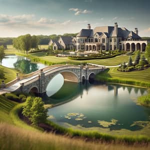 Tranquil Suburban Mansion with Reflecting Pond and Stone Architecture