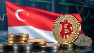 Futuristic Crypto Market with Bitcoin & Singapore Flag