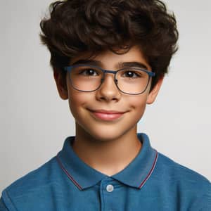 Young Hispanic Boy with Curly Hair in Blue Polo Shirt and Glasses