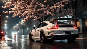 Stunning Porsche GT3 RS: Night Scene Under Sakura Tree