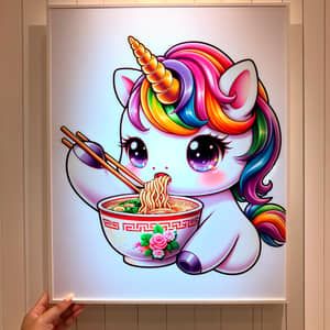 Vibrant Kawaii-Style Unicorn Enjoying Delicious Ramen Bowl