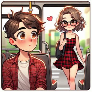 Cartoon Boy's Surprise on Seeing Curly-Haired Girl on Bus