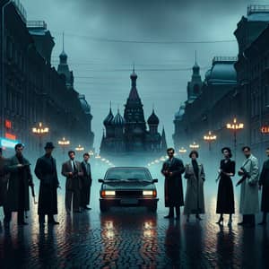 90s Russia Urban Scene: Men with Guns & Black Car in Gloomy City