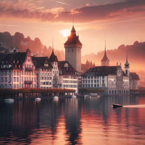 Sunrise in Lucerne: Old European Buildings Reflecting on Lake