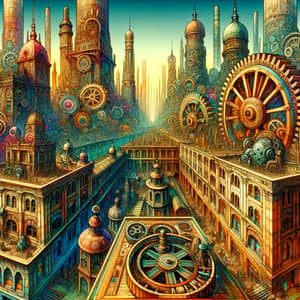 Imaginative Steampunk Cityscape: Vibrant, Exaggerated Perspective