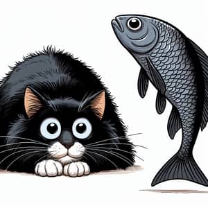 Playful Cartoon Cat with Dancing Fish - Fun Art