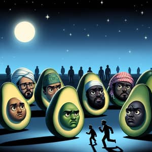 6 Avocados with Faces and Men Running at Night