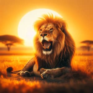 Majestic Lion Roaring at Sunset in the Savanna