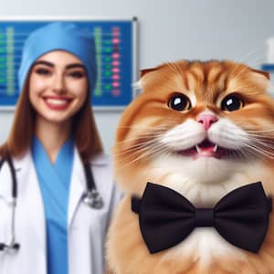 Beautiful Scottish Fold Redhead Cat with Black Bow Tie in Hospital Setting