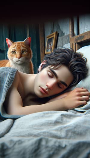 Beautiful 15-Year-Old Boy Sleeping with Ginger Cat in Realistic Style