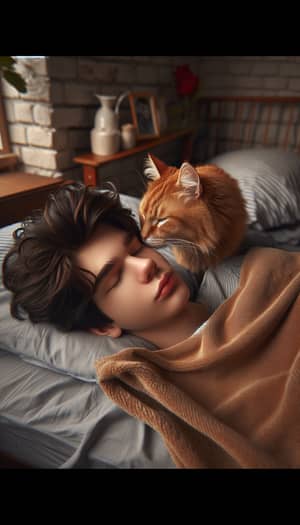 Beautiful 15-Year-Old Boy Sleeping with Ginger Cat in Aesthetic Style