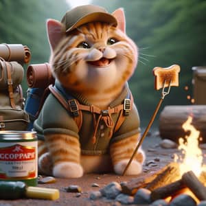 Realistic British Ginger Cat Toasting Bread by Campfire