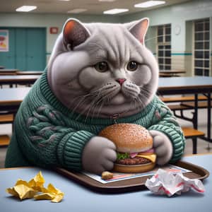 Chubby Gray British Kitten in Green Sweater Eating Hamburger in School Cafeteria