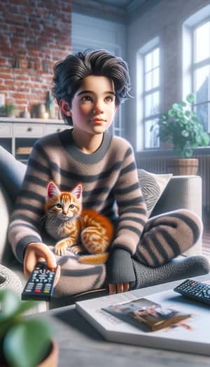 Realistic Portrait: Dark-Haired Boy with Ginger Kitten Watching TV