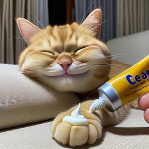 Adorable Scottish Ginger Cat Squeezing Yellow Cream - High Resolution Photo