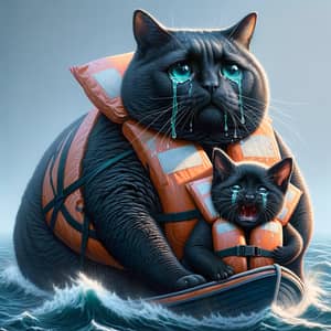 Black Cat and Kitten on Lifeboat: Realistic and Detailed Illustration