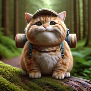 Chubby British Ginger Cat in Realistic Hiking Attire