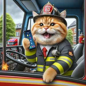 Cheerful Cat Talking on Cell Phone | British Shorthair Firefighter