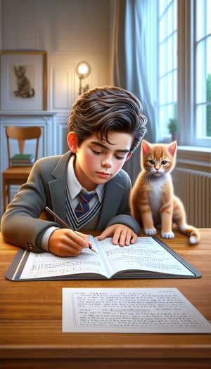 Realistic Homely Scene: Boy Studying with Ginger Kitten