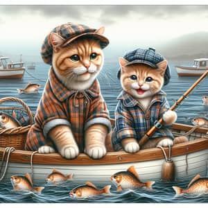 Scottish Father Cat and Son Fishing in Boat - Heartwarming Realistic Artwork