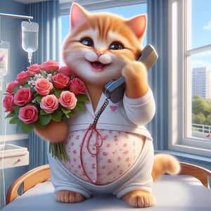 Charming Ginger British Shorthair Cat with Bouquet of Roses Talking on Cell Phone